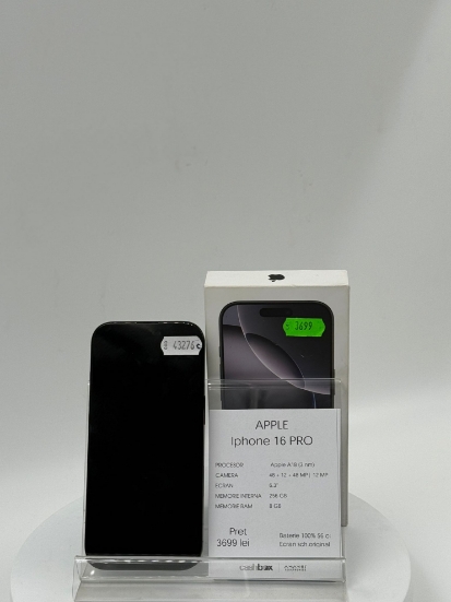 Imagine IPhone 16 PRO 256GB  baterie 100% 56 cicluri, ecran schimbat original in reprezentata Apple